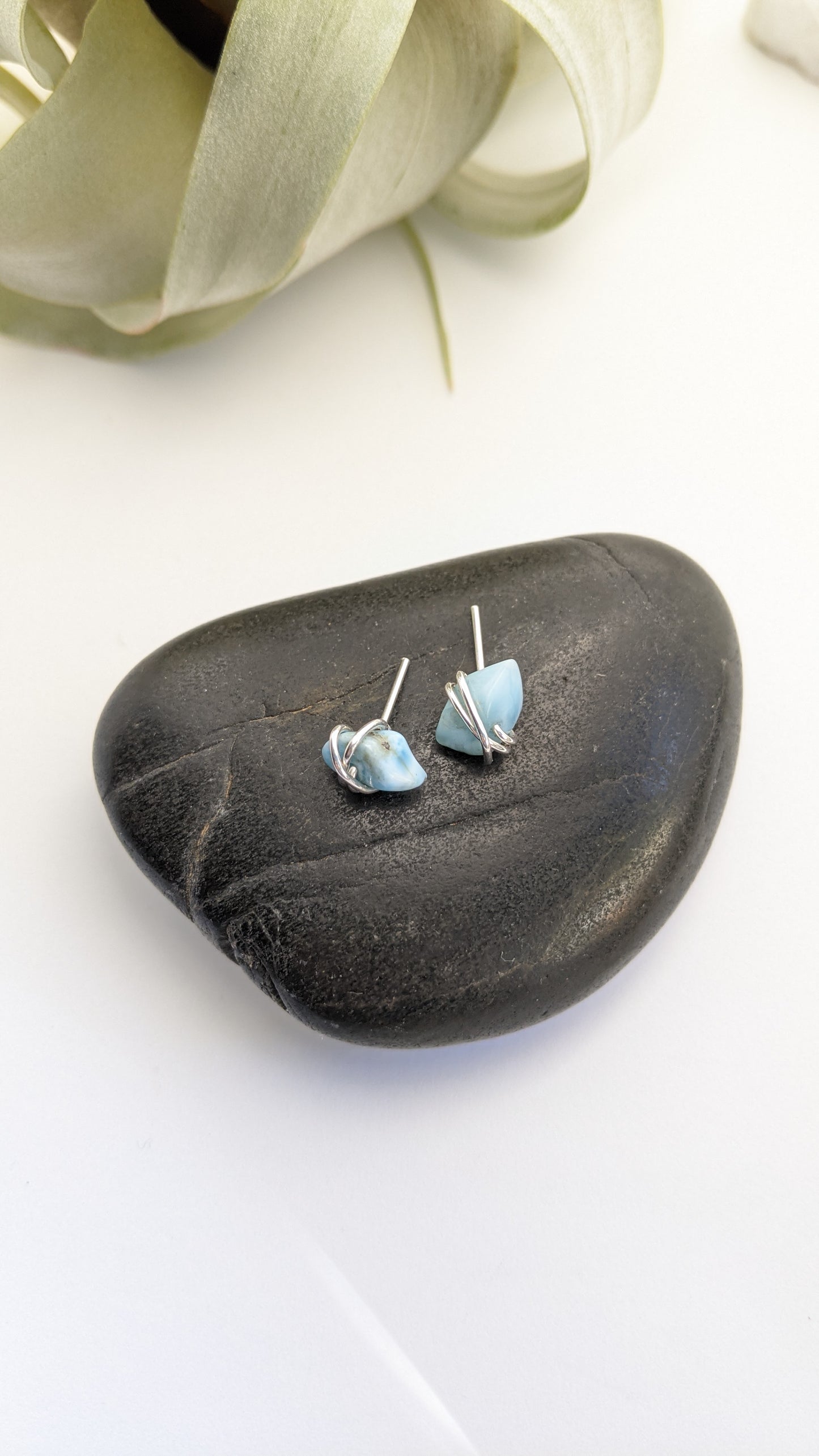 Silver Wrapped Larimar Stud Earrings | Boho Studs | Gemstone Posts | Dainty Earrings | Minimalist Earrings | Crystal Earrings | Healing Crystals