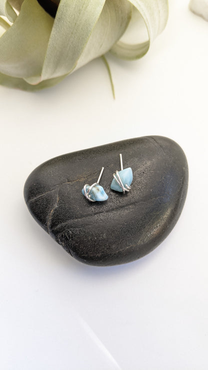 Silver Wrapped Larimar Stud Earrings | Boho Studs | Gemstone Posts | Dainty Earrings | Minimalist Earrings | Crystal Earrings | Healing Crystals