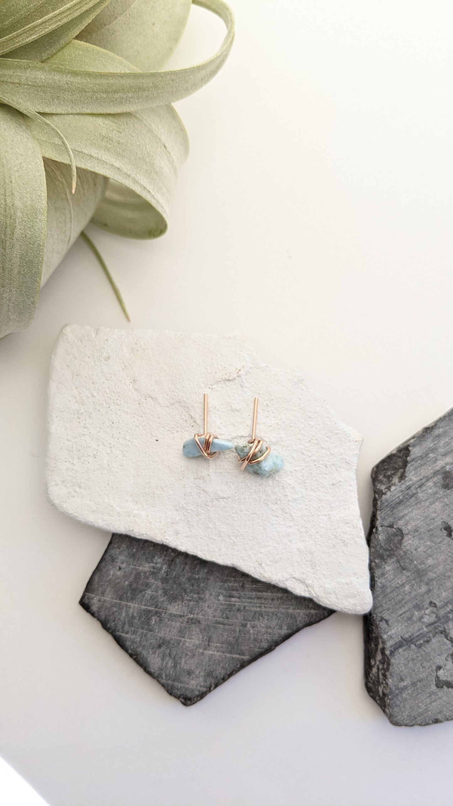 Rose Gold Wrapped Larimar Stud Earrings | Boho Studs | Gemstone Posts | Dainty Earrings | Minimalist Earrings | Crystal Earrings | Healing Crystals