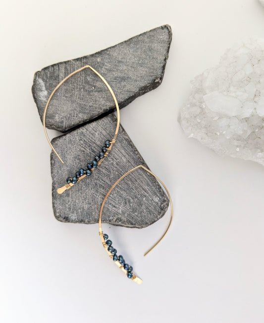 Gold Peacock Pearl Petal Pull Through Earrings | Arc Earrings | Petal Threaders | Open Hoops | Gold Boho Earrings | Minimalist Earrings | Pearl Earrings