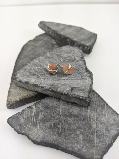 Silver Wrapped Sunstone Stud Earrings | Gemstone Studs | Dainty Earrings | Sunstone Studs | Delicate Earrings | Post Earrings | Small Boho Earrings