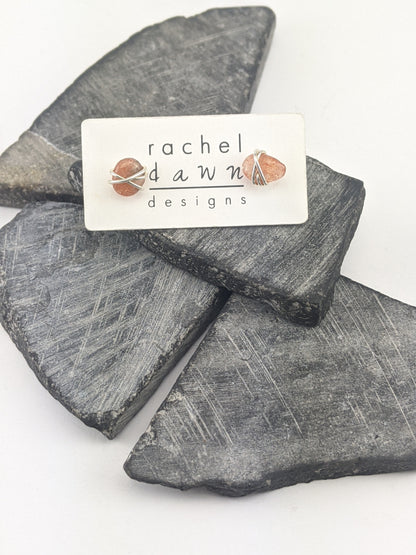 Silver Wrapped Sunstone Stud Earrings | Gemstone Studs | Dainty Earrings | Sunstone Studs | Delicate Earrings | Post Earrings | Small Boho Earrings