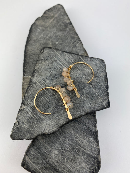 Gold Arch Earrings with Chocolate Moonstones | Gold Wrapped Arch Earrings | Threaders | Delicate Jewelry