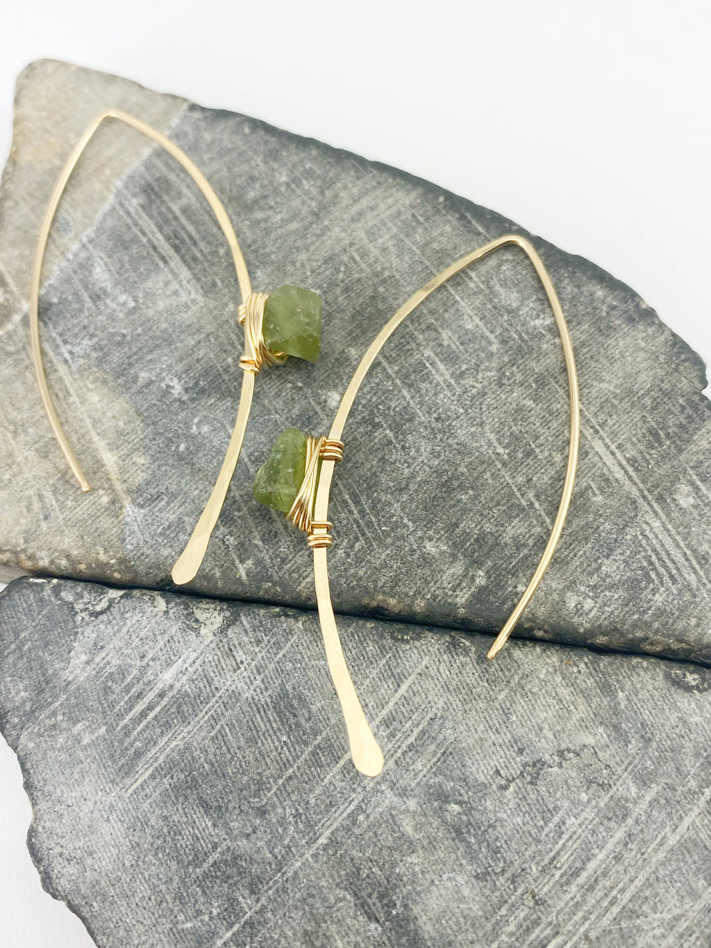 Raw Peridot Pull Through Earrings | Arc Earrings | Petal Threaders | Open Hoops | Boho Earrings | Minimalist Earrings | Lightweight Earrings | August Birthstone Earrings |