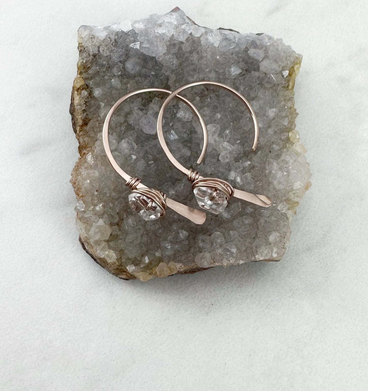 Rose Gold Arch Earrings with Herkimer Diamonds | Birthstone Earrings | Dainty Earrings | Rose Gold Boho Earrings | Rose Gold Hoops | April Birthstone | Arch Hoops | Simple Earrings | Open Hoops | Minimalist Earrings