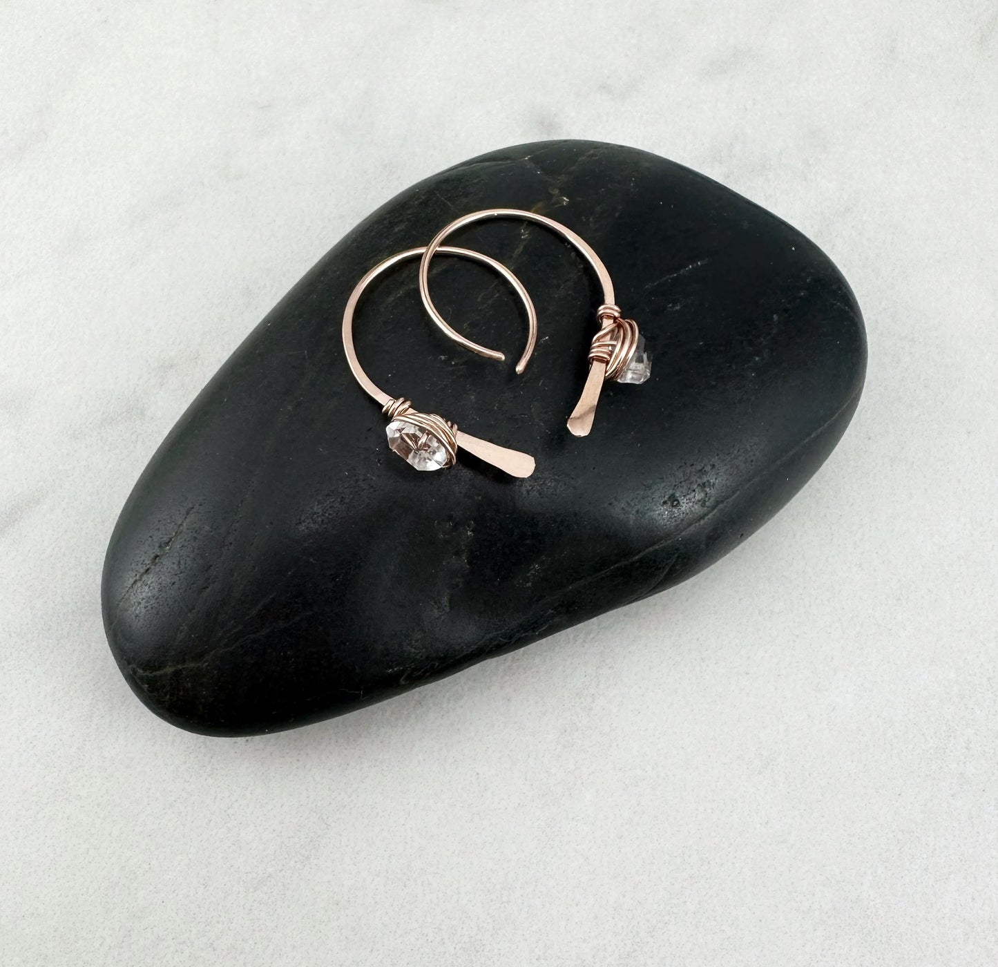 Rose Gold Arch Earrings with Herkimer Diamonds | Birthstone Earrings | Dainty Earrings | Rose Gold Boho Earrings | Rose Gold Hoops | April Birthstone | Arch Hoops | Simple Earrings | Open Hoops | Minimalist Earrings