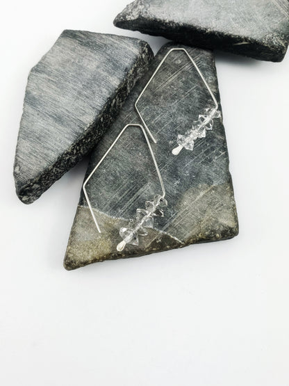Silver Herkimer Diamond Open Kite Earrings | Geometric Earrings | Minimalist Earrings | Lightweight Jewelry | Hammered Hoops | Sterling Silver