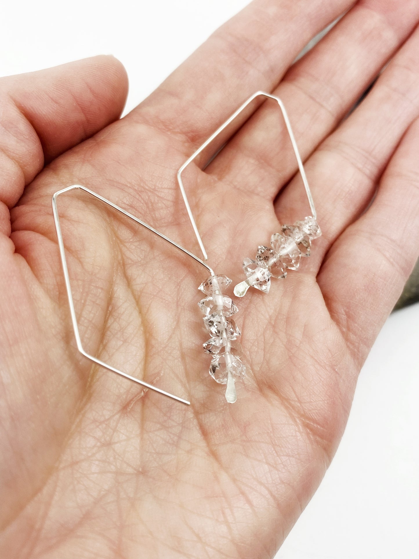 Silver Herkimer Diamond Open Kite Earrings | Geometric Earrings | Minimalist Earrings | Lightweight Jewelry | Hammered Hoops | Sterling Silver