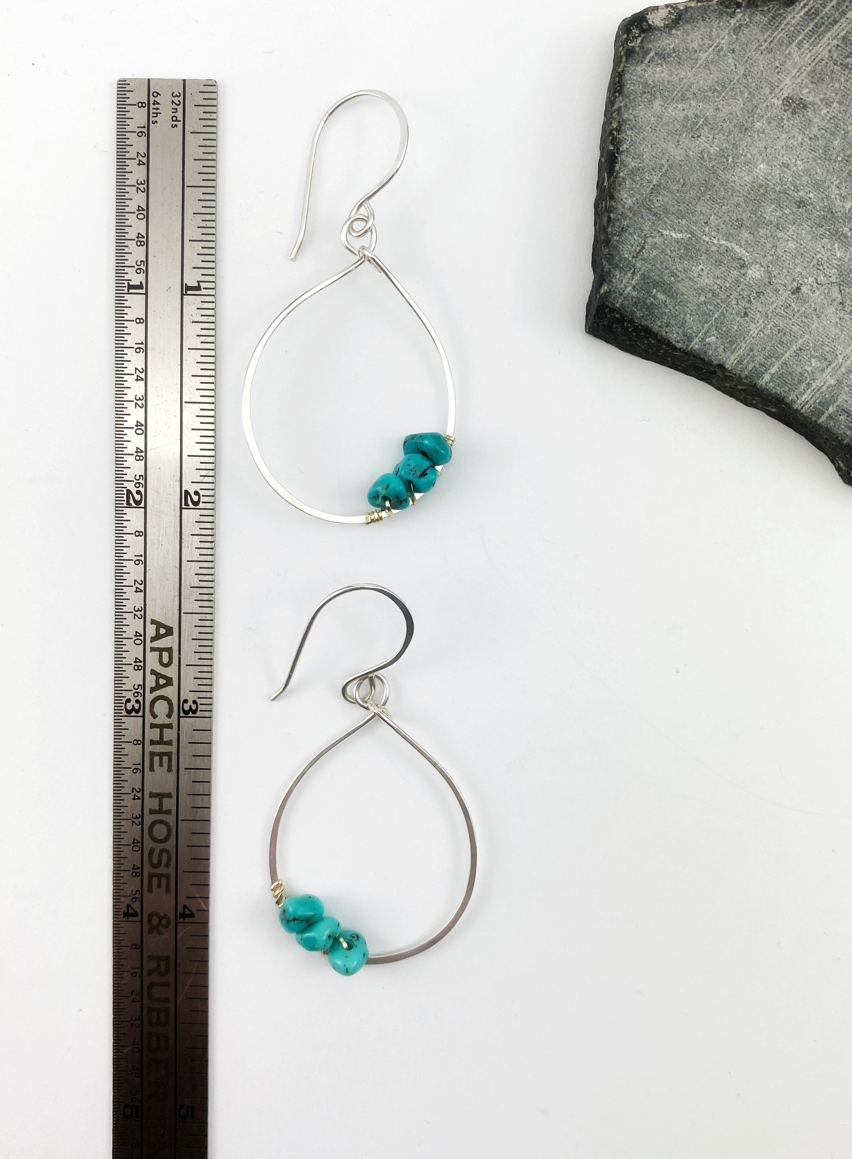 Sterling Silver Teardrop Hoop Earrings Wrapped with Gold and Turquoise