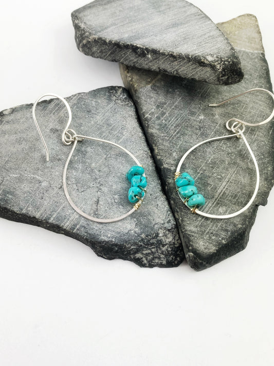 Silver Turquoise Teardrop Hoop Earrings with Gold Accent | Teardrop Hoops | Geometric Earrings | Minimalist Earrings | Turquoise Earrings | Boho Hoops | Sterling Silver