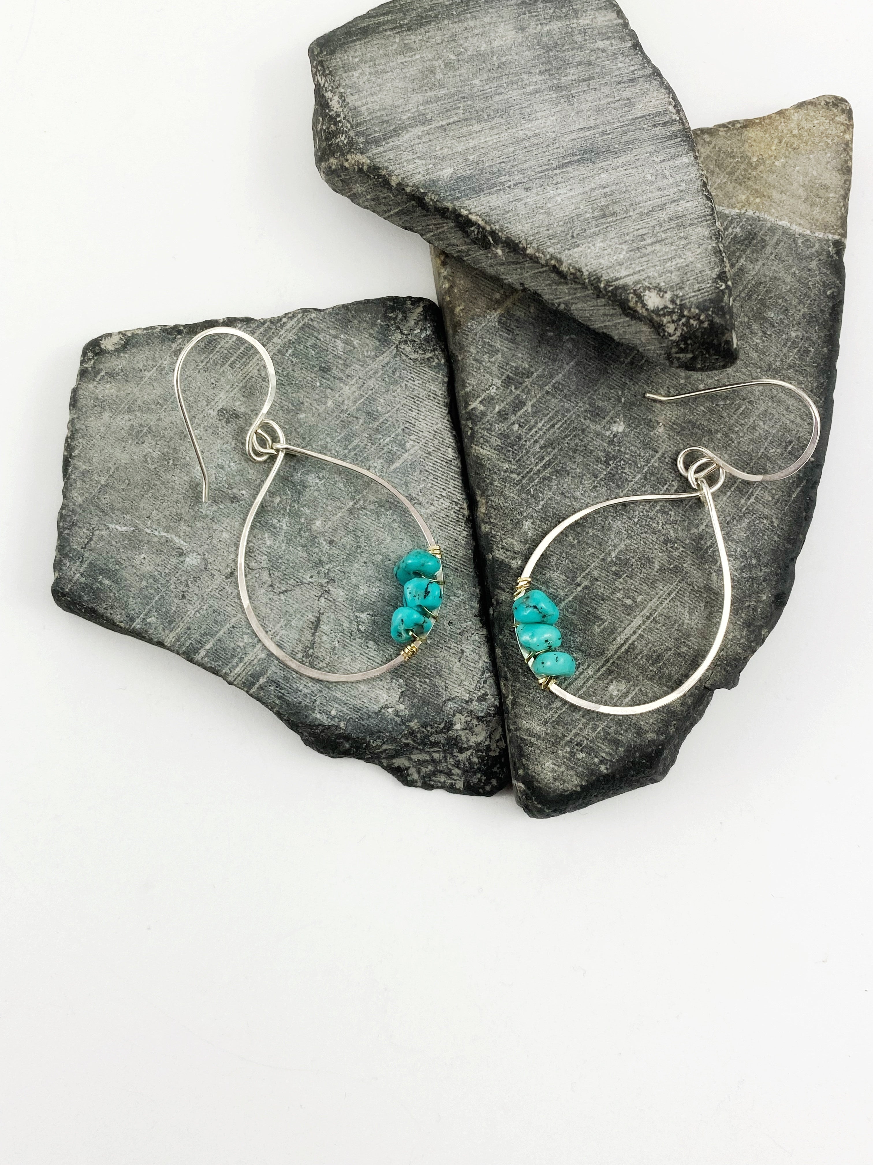 Sterling Silver Teardrop Hoop Earrings Wrapped with Gold and Turquoise