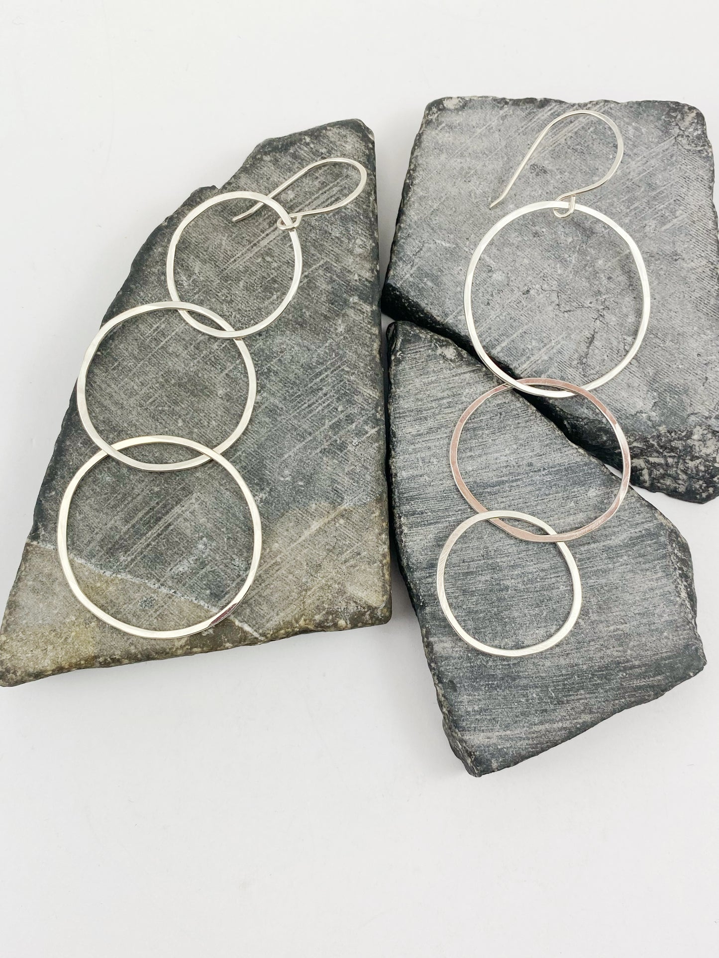 Silver Triple Hoop Asymmetric Earrings | Interlocking Circle Earrings | Linked Earrings | Mismatched Earrings | Statement Earrings | Lightweight Earrings | Silver Boho Hoops