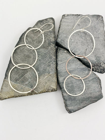 Silver Triple Hoop Asymmetric Earrings | Interlocking Circle Earrings | Linked Earrings | Mismatched Earrings | Statement Earrings | Lightweight Earrings | Silver Boho Hoops