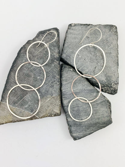 Silver Triple Hoop Asymmetric Earrings | Interlocking Circle Earrings | Linked Earrings | Mismatched Earrings | Statement Earrings | Lightweight Earrings | Silver Boho Hoops