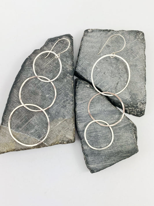 Silver Triple Hoop Asymmetric Earrings | Interlocking Circle Earrings | Linked Earrings | Mismatched Earrings | Statement Earrings | Lightweight Earrings | Silver Boho Hoops