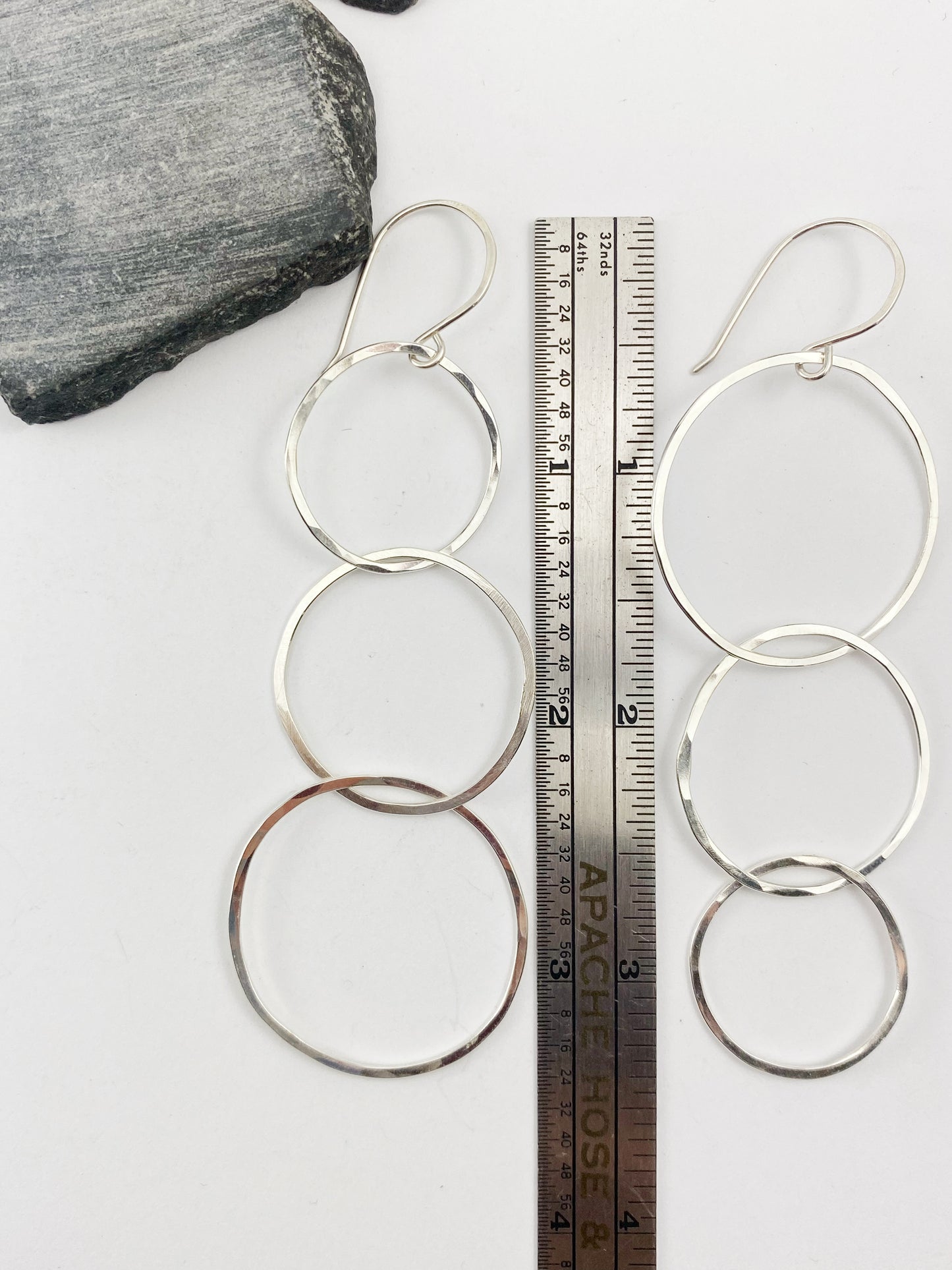 Silver Triple Hoop Asymmetric Earrings | Interlocking Circle Earrings | Linked Earrings | Mismatched Earrings | Statement Earrings | Lightweight Earrings | Silver Boho Hoops