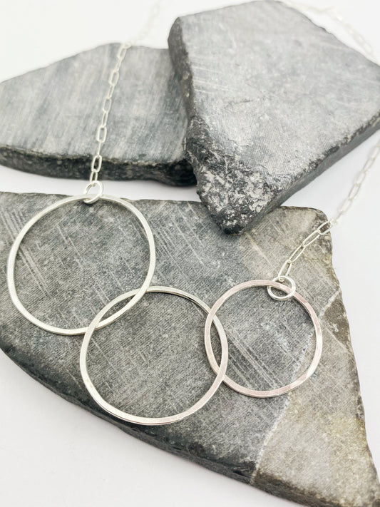 Silver Triple Nested Hoop Necklace | Karma Necklace | Hammered Silver Pendant | Linked Necklace | Infinity Necklace | Handmade Sterling Silver