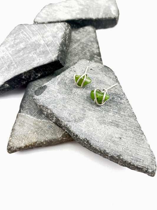 Sterling Silver Wrapped Jade Stud Earrings, Gemstone studs, natural jade, March birthstone, stone earrings,