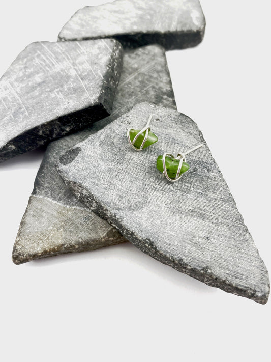 Sterling Silver Wrapped Jade Stud Earrings, Gemstone studs, natural jade, March birthstone, stone earrings,