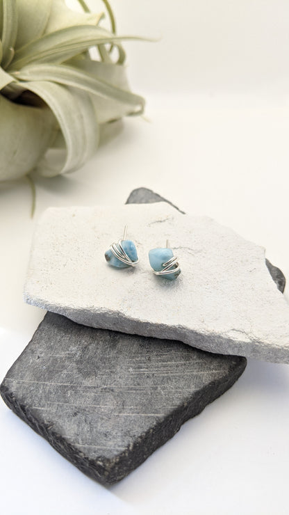 Silver Wrapped Larimar Stud Earrings | Boho Studs | Gemstone Posts | Dainty Earrings | Minimalist Earrings | Crystal Earrings | Healing Crystals