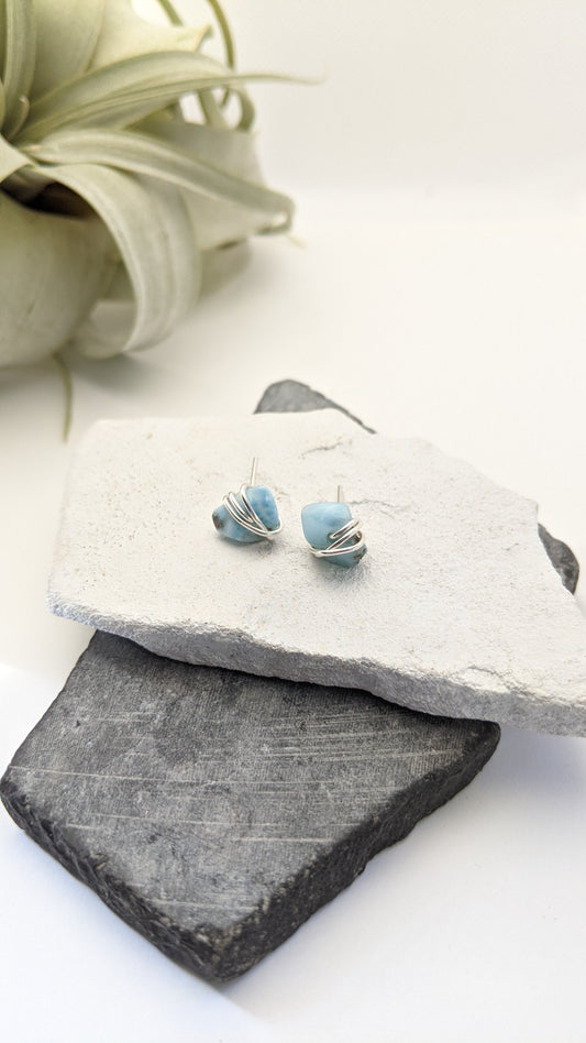 Silver Wrapped Larimar Stud Earrings | Boho Studs | Gemstone Posts | Dainty Earrings | Minimalist Earrings | Crystal Earrings | Healing Crystals