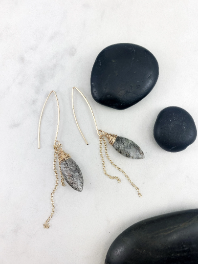 Tourmalinated Quartz Threader Earrings with Gold Chain