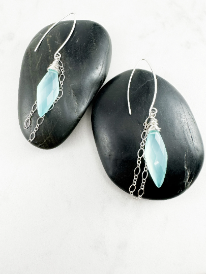 Chalcedony Gemstone Teardrop Earrings with Silver Chain