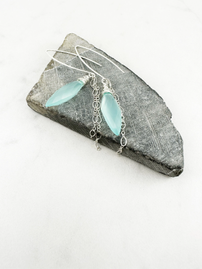 Chalcedony Gemstone Teardrop Earrings with Silver Chain