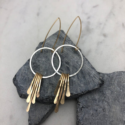 Silver Gold Fringe Hoop Earrings | Silver Boho Hoops | Fringe Earrings | Hammered Hoops | Mixed Metal Earrings | Statement Earrings