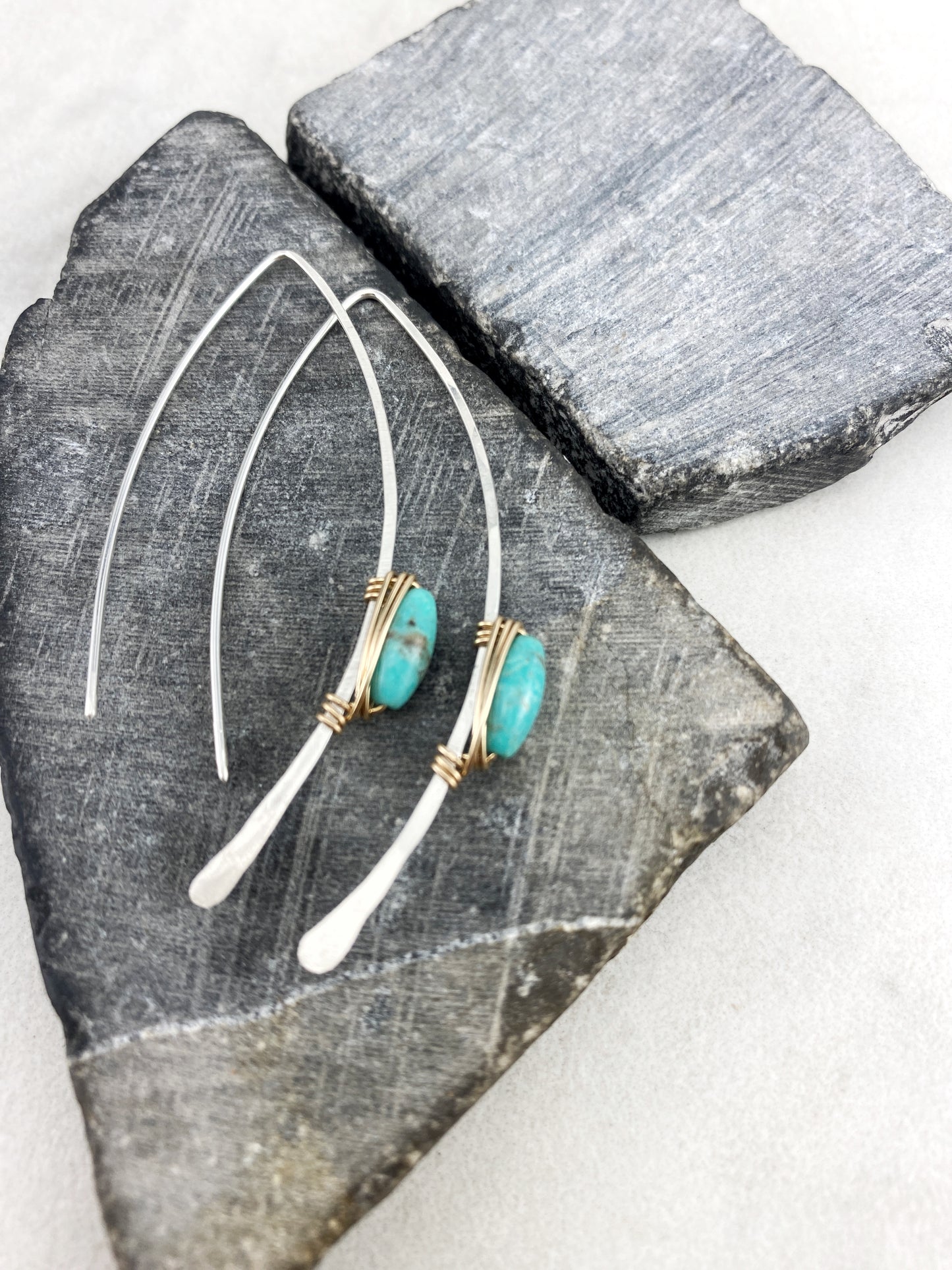 Mixed Metal Turquoise Pull Through Earrings | Arch Earrings | Hammered Threaders | Boho Earrings | Turquoise Earrings | Turquoise Jewelry | Delicate Earrings | Birthstone Earrings | December Birthstone