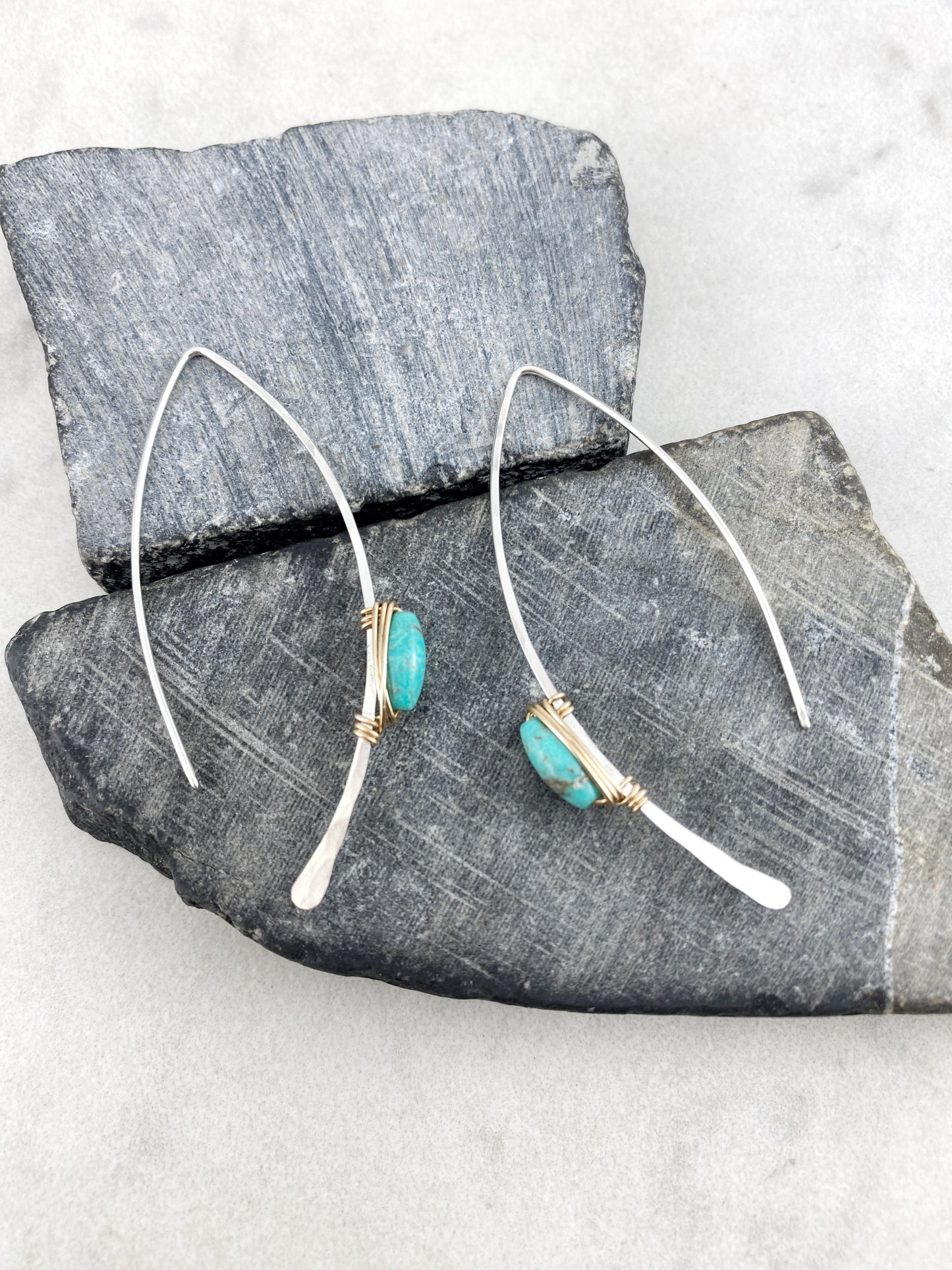 Mixed Metal Turquoise Pull Through Earrings | Arch Earrings | Hammered Threaders | Boho Earrings | Turquoise Earrings | Turquoise Jewelry | Delicate Earrings | Birthstone Earrings | December Birthstone