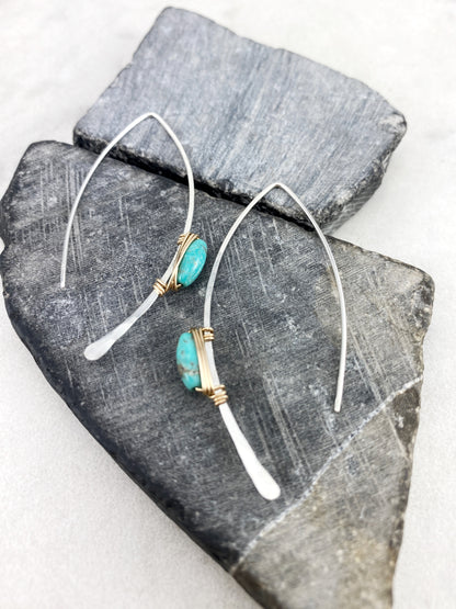 Mixed Metal Turquoise Pull Through Earrings | Arch Earrings | Hammered Threaders | Boho Earrings | Turquoise Earrings | Turquoise Jewelry | Delicate Earrings | Birthstone Earrings | December Birthstone