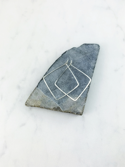 Silver Diamond Pull Through Earrings | Geometric Earrings | Boho Hoop Earrings | Pull Through Earrings | Minimalist Earrings | Delicate Earrings | Boho Wire Wrap | Open Hoops | Diamond Threaders