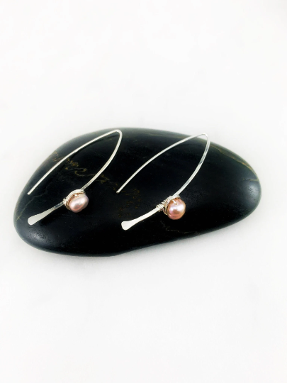 Silver Boho Threader Earrings with Pink Freshwater Pearl