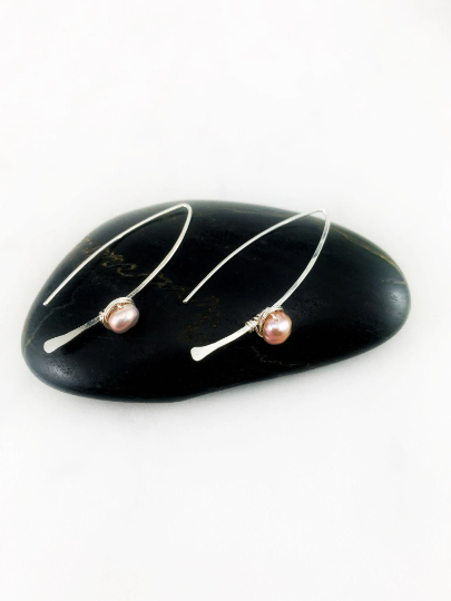 Silver and Pearl Pull Through Earrings | Arc Earrings | Petal Threaders | Open Hoops | Boho Earrings | Minimalist Earrings | Lightweight Earring