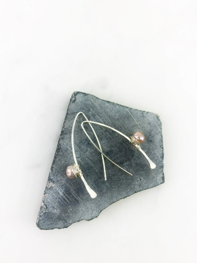 Silver and Pearl Pull Through Earrings | Arc Earrings | Petal Threaders | Open Hoops | Boho Earrings | Minimalist Earrings | Lightweight Earring