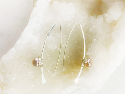 Silver and Pearl Pull Through Earrings | Arc Earrings | Petal Threaders | Open Hoops | Boho Earrings | Minimalist Earrings | Lightweight Earring