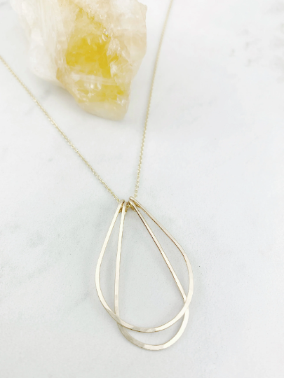 Gold Art Deco Necklace | Teardrop Necklace | Layering Necklace | Hammered Pendant | Gold Boho Necklace