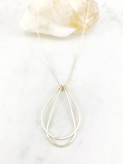 Gold Art Deco Necklace | Teardrop Necklace | Layering Necklace | Hammered Pendant | Gold Boho Necklace