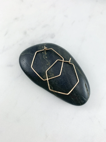 Gold Hammered Hexagon Earrings | Geometric Earrings | Gold Boho Hoops | Minimalist Earrings | Lightweight | Handmade | 14 K Gold Fill
