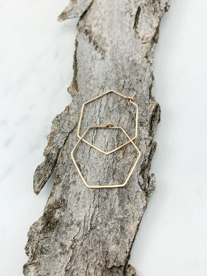 Gold Hammered Hexagon Earrings | Geometric Earrings | Gold Boho Hoops | Minimalist Earrings | Lightweight | Handmade | 14 K Gold Fill