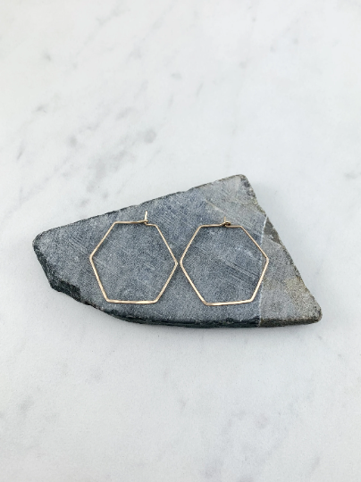 Gold Hammered Hexagon Earrings | Geometric Earrings | Gold Boho Hoops | Minimalist Earrings | Lightweight | Handmade | 14 K Gold Fill