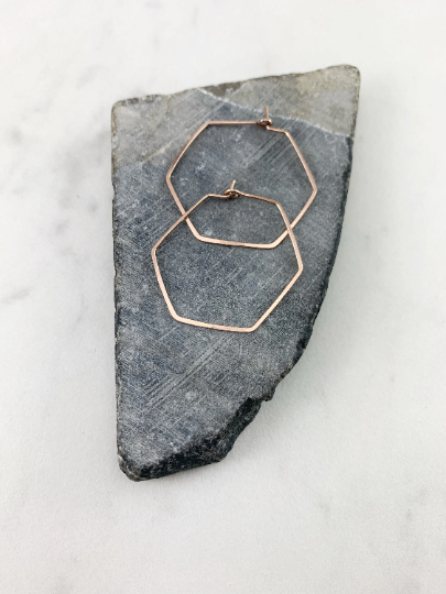 Rose Gold Hammered Hexagon Earrings | Geometric Earrings | Boho Hoops | Minimalist Earrings | Lightweight | Handmade | 14 K Rose Gold Fill
