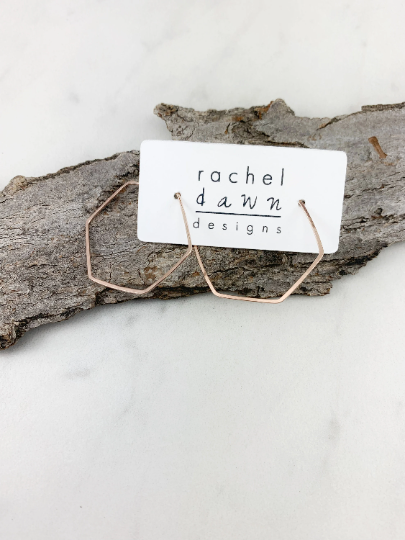 Rose Gold Hammered Hexagon Earrings | Geometric Earrings | Boho Hoops | Minimalist Earrings | Lightweight | Handmade | 14 K Rose Gold Fill