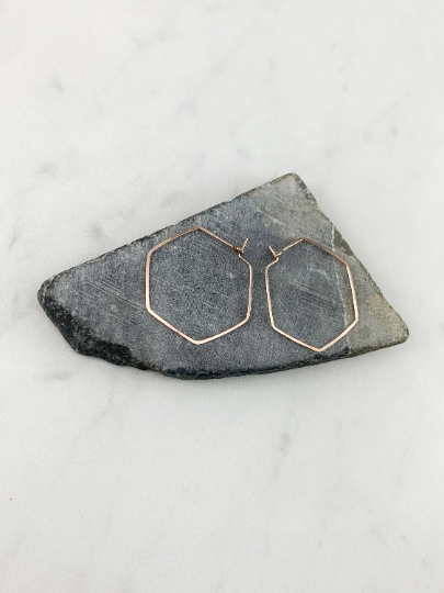 Rose Gold Hammered Hexagon Earrings | Geometric Earrings | Boho Hoops | Minimalist Earrings | Lightweight | Handmade | 14 K Rose Gold Fill