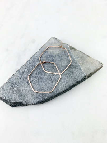 Rose Gold Hammered Hexagon Earrings | Geometric Earrings | Boho Hoops | Minimalist Earrings | Lightweight | Handmade | 14 K Rose Gold Fill