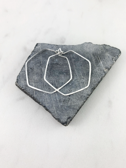 Silver Hammered Hexagon Earrings | Geometric Earrings | Boho Hoops | Minimalist Earrings | Lightweight | Handmade | Sterling Silver