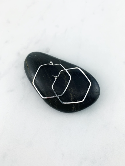 Silver Hammered Hexagon Earrings | Geometric Earrings | Boho Hoops | Minimalist Earrings | Lightweight | Handmade | Sterling Silver
