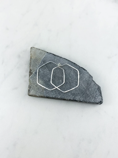 Silver Hammered Hexagon Earrings | Geometric Earrings | Boho Hoops | Minimalist Earrings | Lightweight | Handmade | Sterling Silver