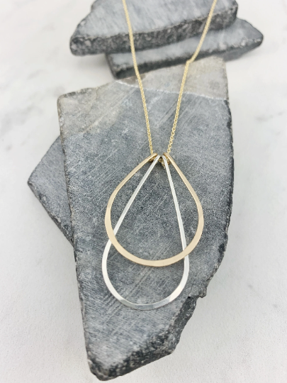 Mixed Metal Art Deco Necklace with Gold Chain | Teardrop Necklace | Layering Necklace | Hammered Pendant | Boho Necklace